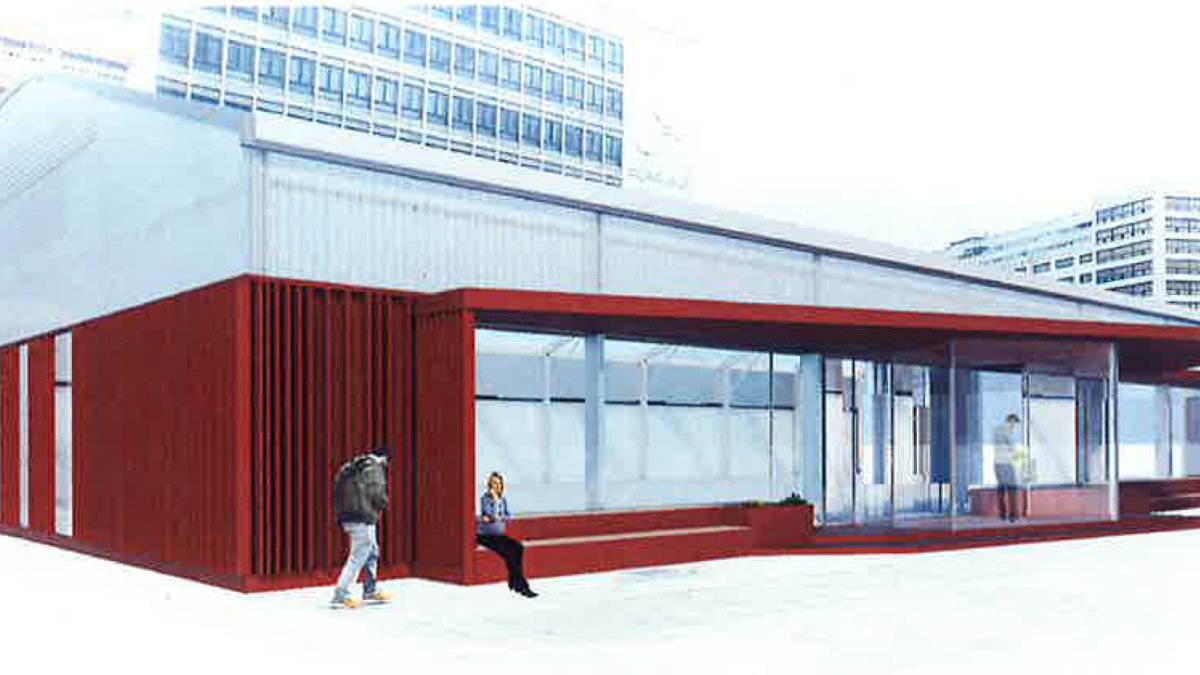 Recreación de la instalación del Mercado Norte provisional que se ubicará en la plaza de España. ECB