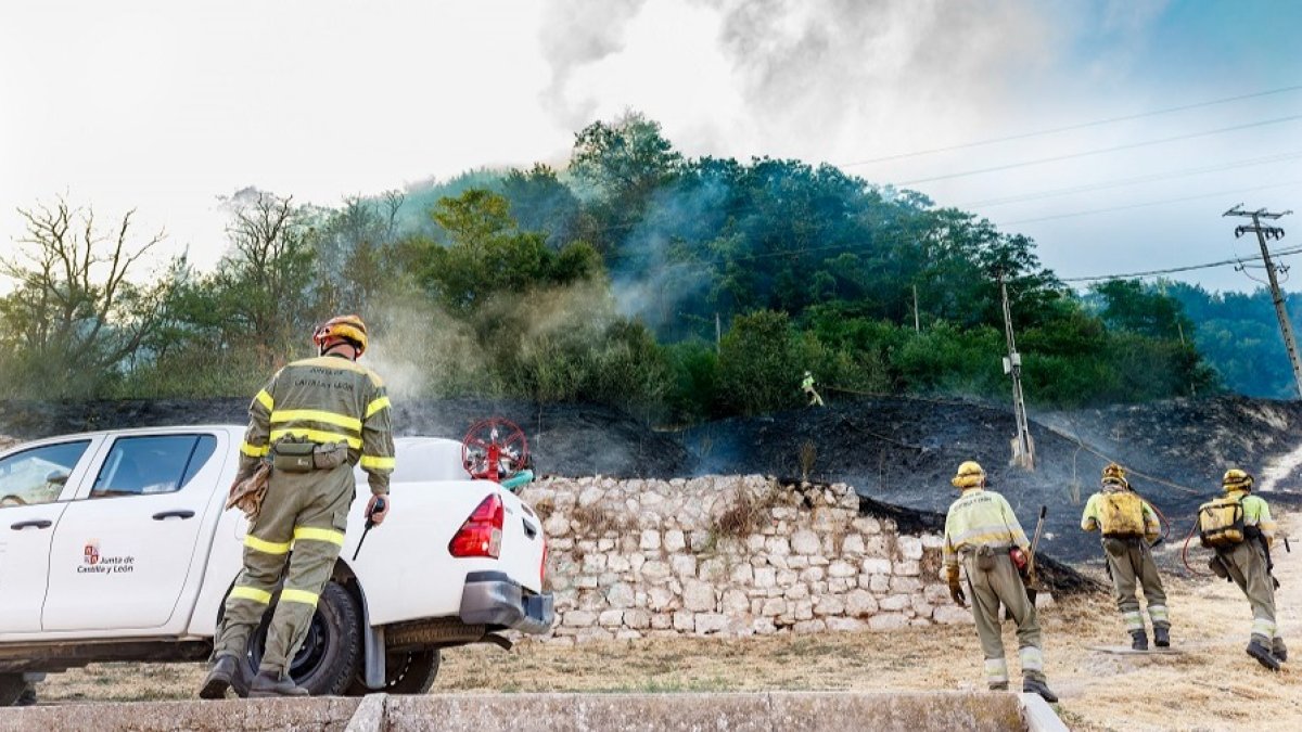 Bomberos y efectivos de la Junta de Castilla y León trabajan codo con codo para extinguir el incendio en la ladera del Castillo. SANTI OTERO