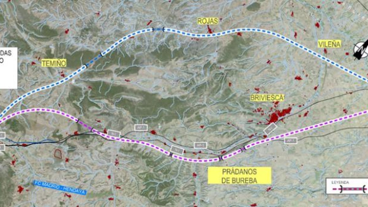 En este mapa se pueden observar las dos opciones para el tramo entre Burgos y Pancorbo, una paralela a la AP-1 y otra más al norte.-MINISTERIO DE FOMENTO