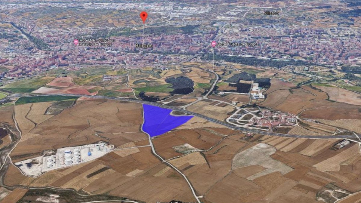 La parcela adquirida para la futura Ciudad Deportiva del Burgos CF se encuentra en el barrio de Cortes -junto a la salida de la autovía-ECB