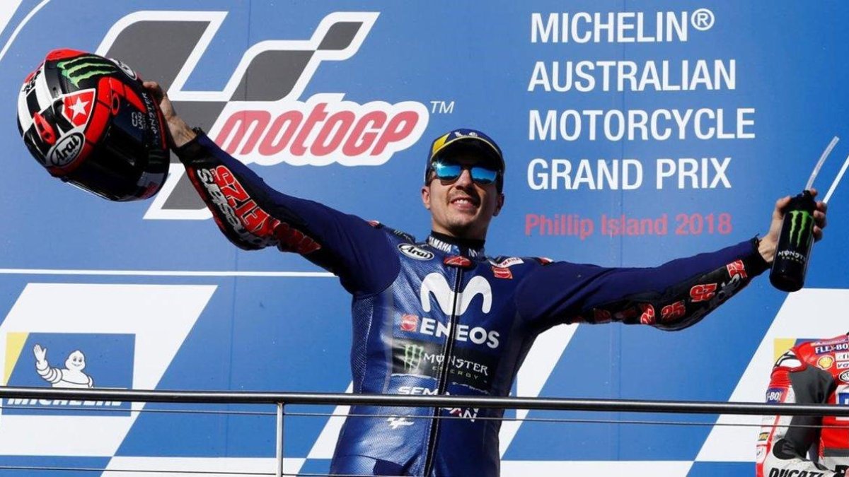 Maverick Viñales (Yamaha) celebra su victoria en Phillip Island (Australia).-REUTERS