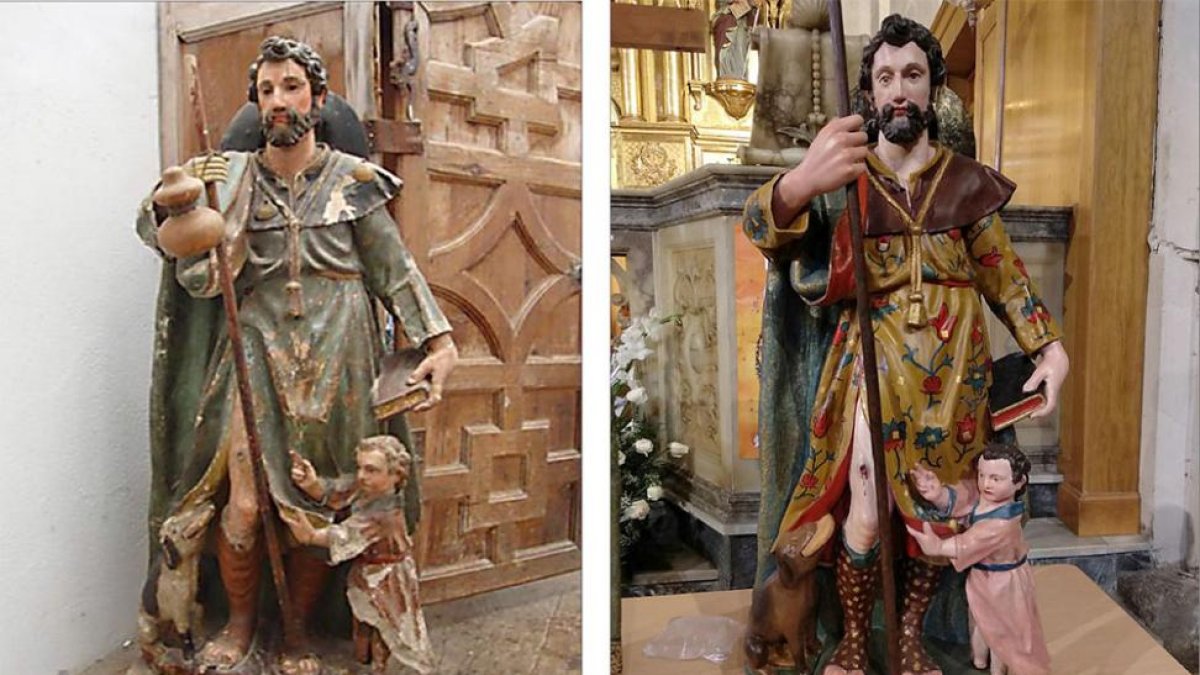 A la izquierda, la talla de San Roque en 2013. A la derecha, la misma figura tras someterse a un concienzudo proceso de restauración.-J. M. / LOREN ARRIBAS