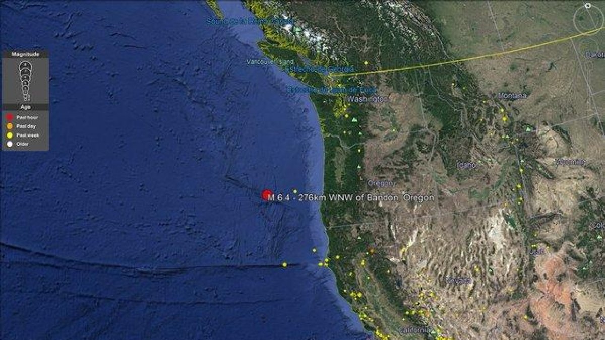 Imagen del foco del seísmo y la costa americana-GOOGLE EARTH