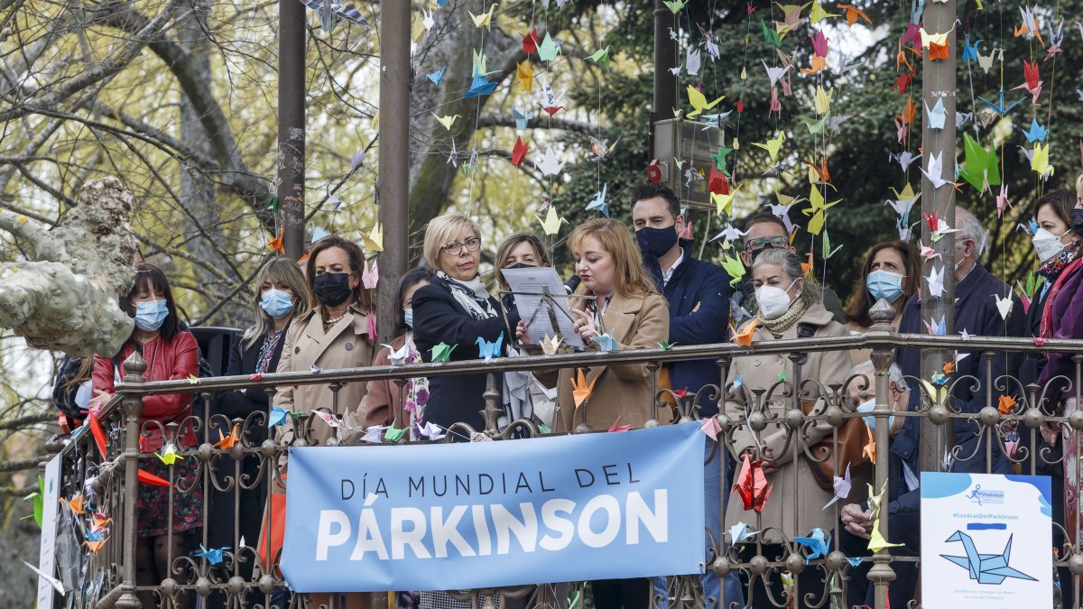 El acto se realizó en el templete del Paseo del Espolón, donde se han instalado 1.200 grullas bajo el lema 'Las alas del Parkinson'. SANTI OTERO