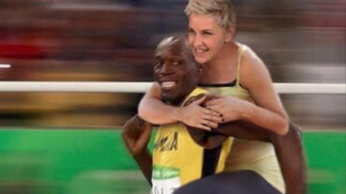 El meme de Ellen DeGeneres a lomos de Usain Bolt por el que la humorista ha sido acusada de racista.-INSTAGRAM