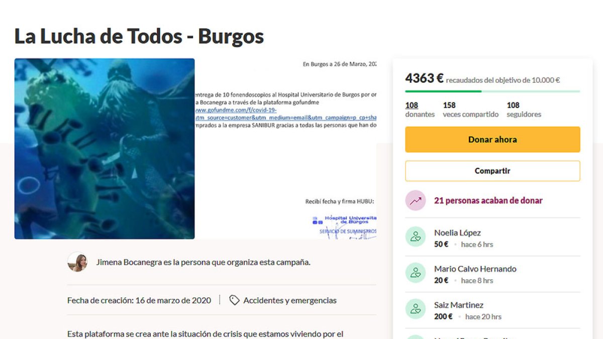 Espacio de la plataforma gofundme.com donde Bocanegra explica su campaña de recaudación de fondos. ECB