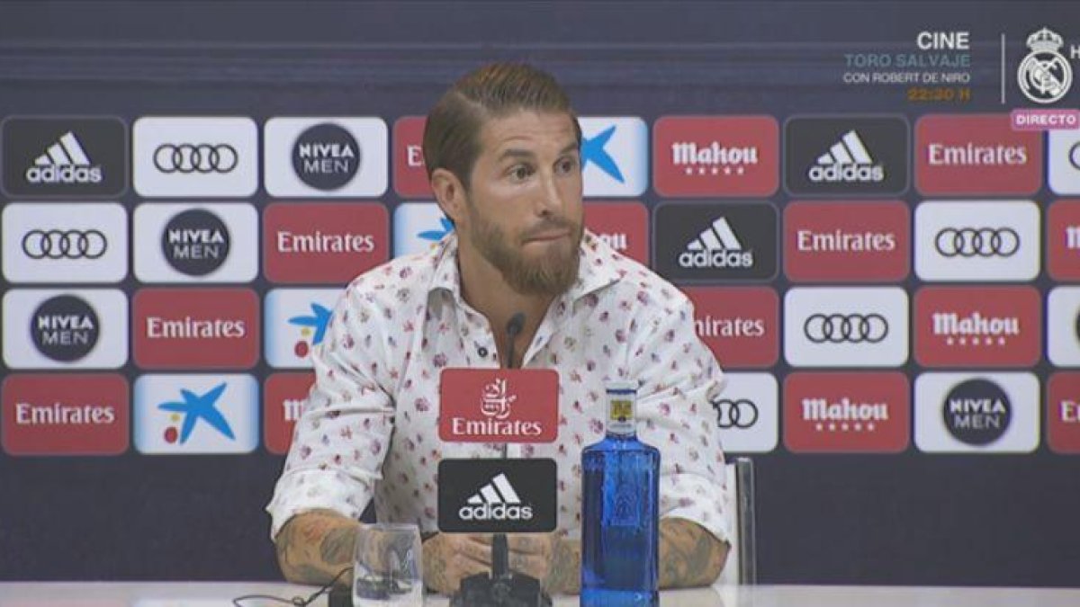 Sergio Ramos durante la comparecencia.-REAL MADRID