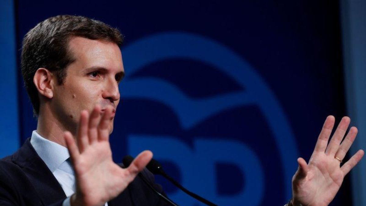 El presidente del PP, Pablo Casado, durante su comparecencia en la sede del partido el pasado 6 de agosto.-CHEMA MOYA (EFE)