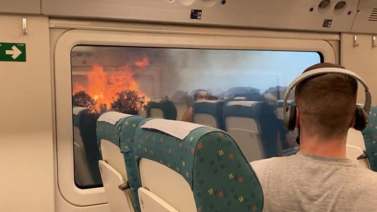 <p> Fuego de Losacio en Zamora visto desde el tren antes de ser cortado el AVE Madrid-Galicia. E. M. </p>