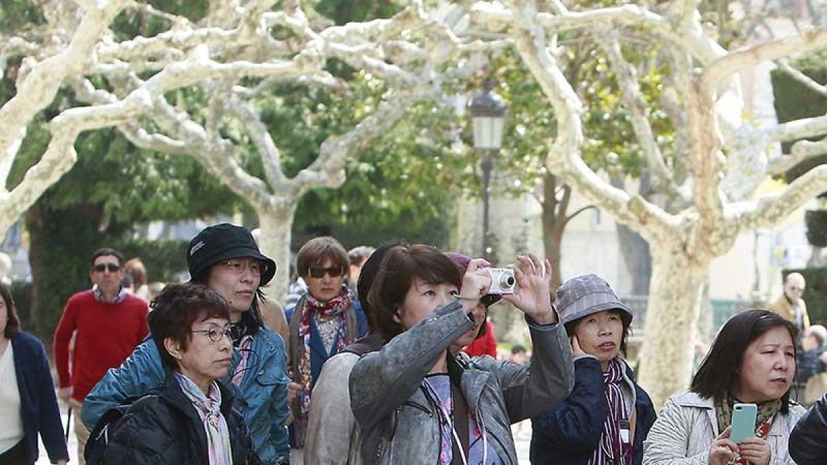 Un grupo de turistas asiáticos en el Espolón haciendo fotos a la Catedral.-RAÚL G. OCHOA