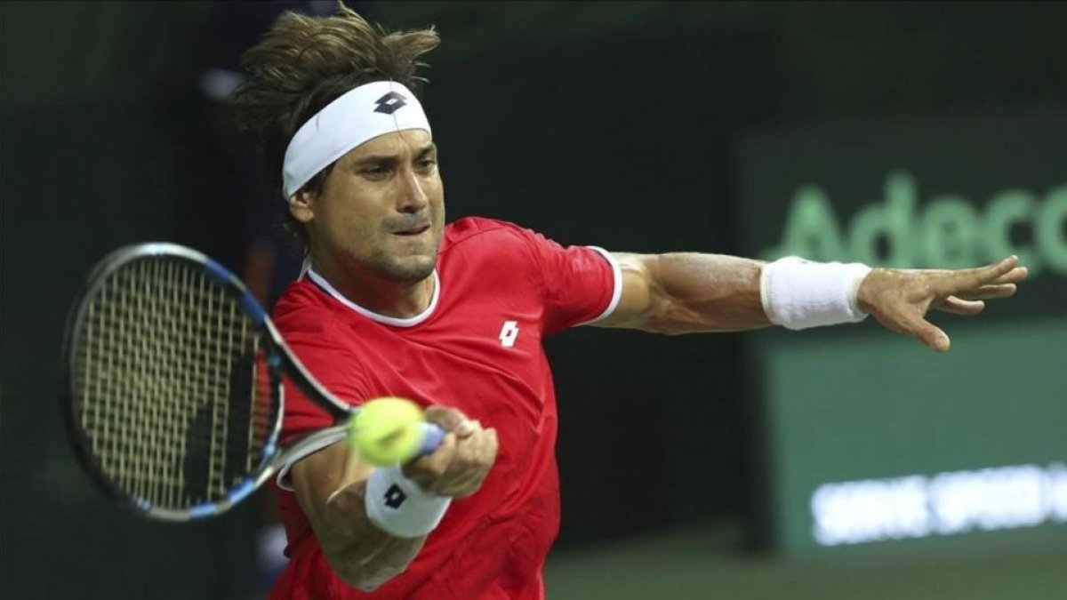 David Ferrer devuelve la bola al indio Saketh Myneni durante el partido de la Copa Davis entre India y España.-EFE / RAJAT GUPTA