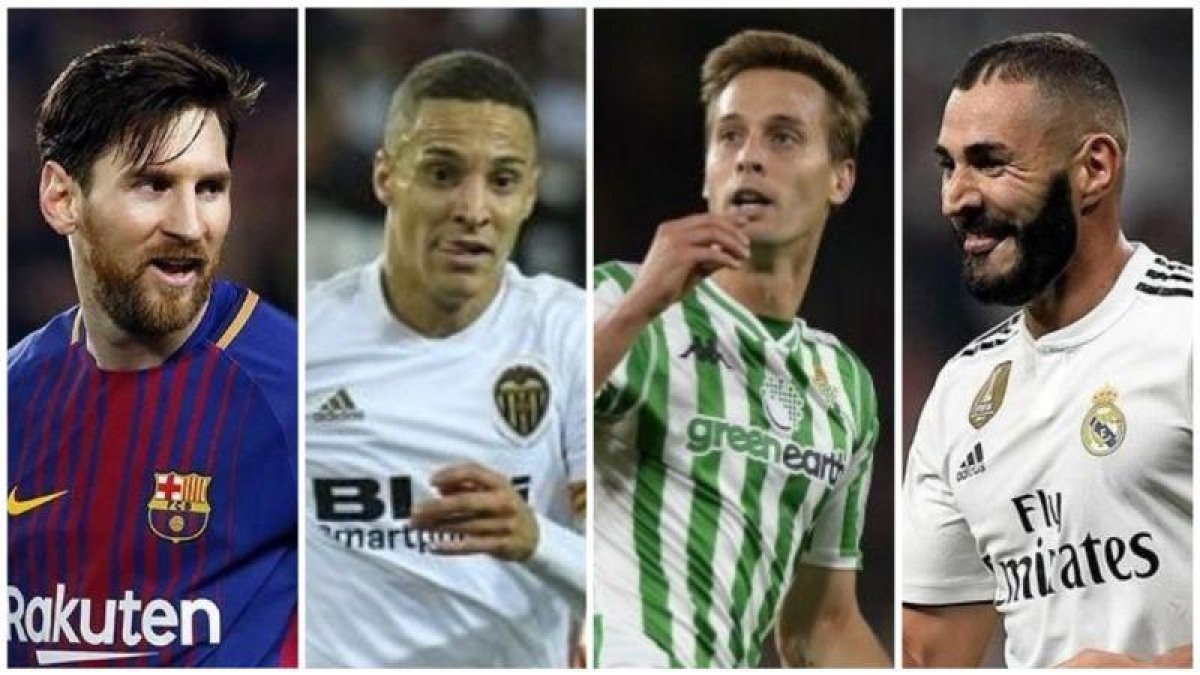 Messi (Barça), Rodrigo (Valencia), Canales (Betis) y Benzema (Real Madrid).-EL PERIÓDICO