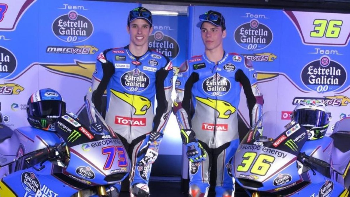 Àlex Márquez y Joan Mir, en la presentacoón hoy del equipo Estrella Galicia 0.0-Marc Vds.-EMILIO PÉREZ DE ROZAS