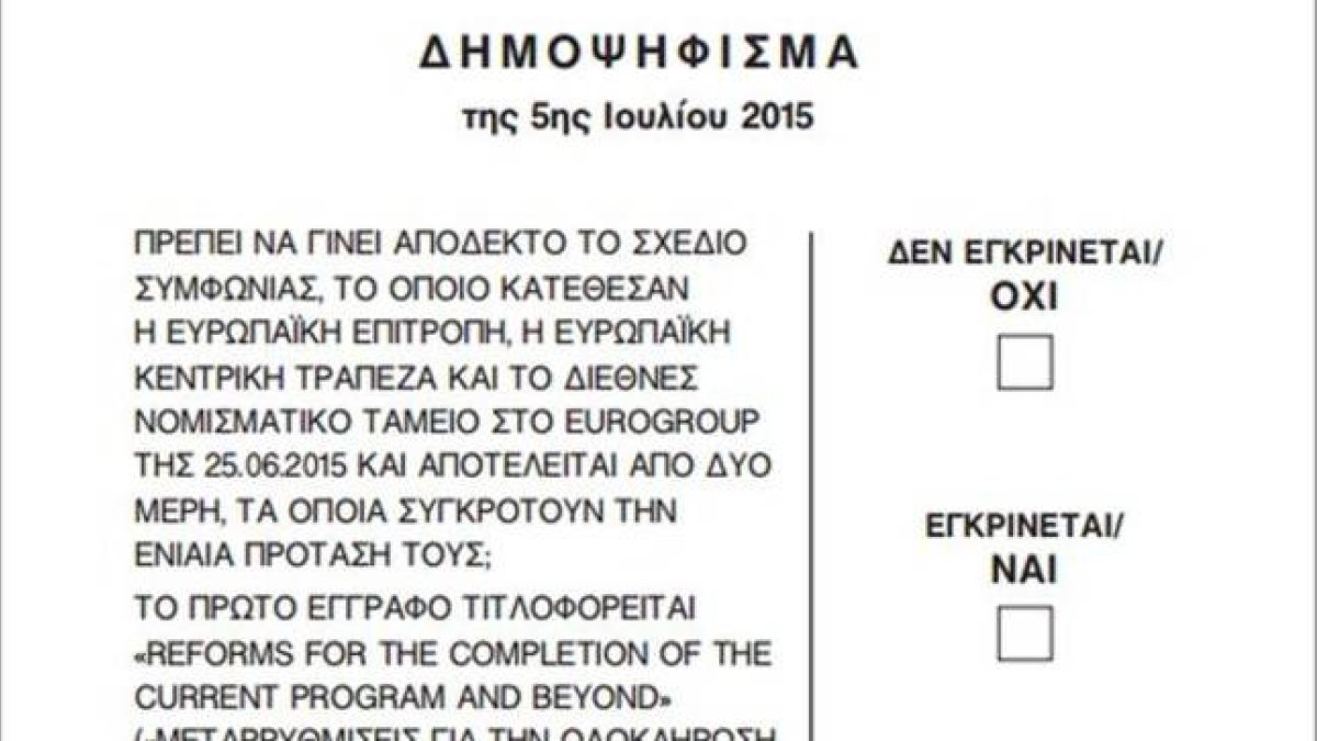 La papeleta del referéndum que se celebrará en Grecia este domingo.-