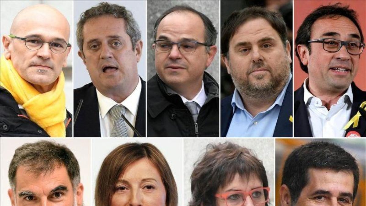 Los líderes independentistas encarcelados. Arriba: Romeva, Forn, Turull, Junqueras, Rull. Abajo: Cuixart, Forcadell, Bassa y Sànchez.-AFP