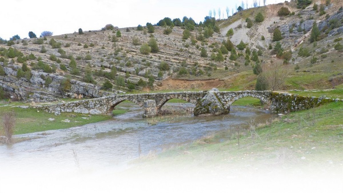 Vista panorámica del paisaje de Hontoria a la altura del puente romano sobre el río Lobos por el que pasaba la calzada romana que unía las ciudades de Clunia y Uxama. ECB