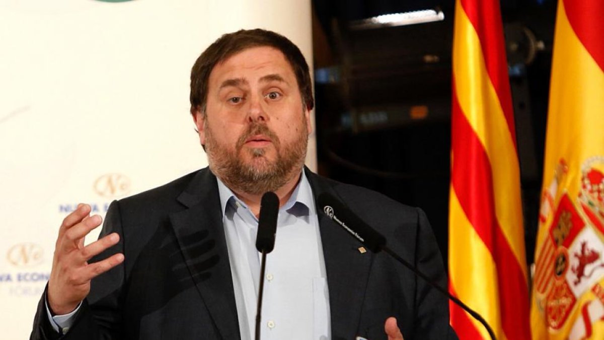 Oriol Junqueras, en el desayuno informativo Forum Europa, hoy, en Madrid.-JUAN MANUEL PRATS