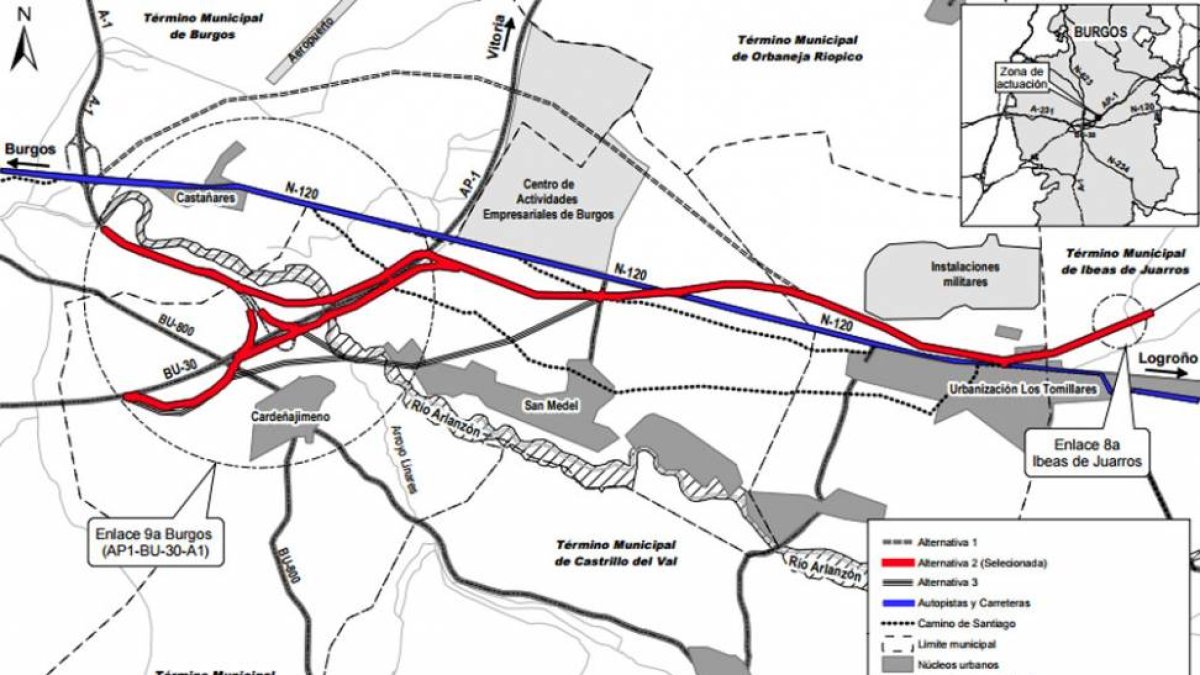 La carretera nacional es una recta entre Ibeas de Juarros y Castañares, a la derecha los cuarteles de Castrillo.-ECB