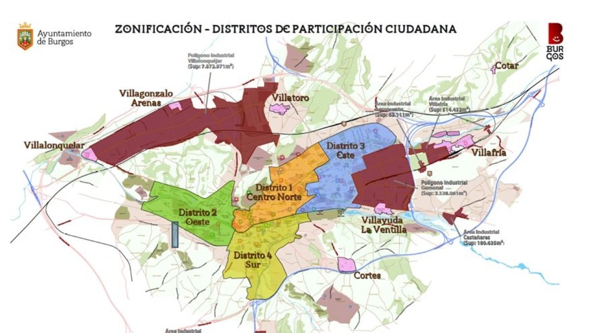 Plano de los distritos pactados en este mandato que incluye el industrial.