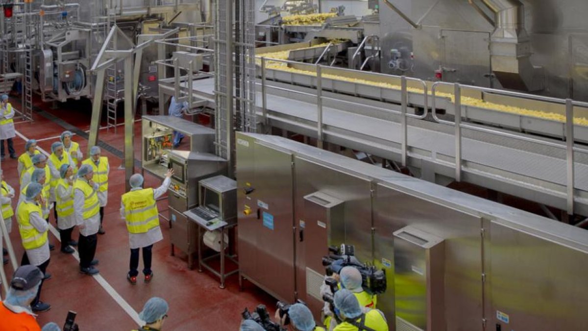 Los responsables de la planta de Pepsico en Burgos explican el funcionamiento de la maquinaria para la transformación de la patata en los conocidos aperitivos.