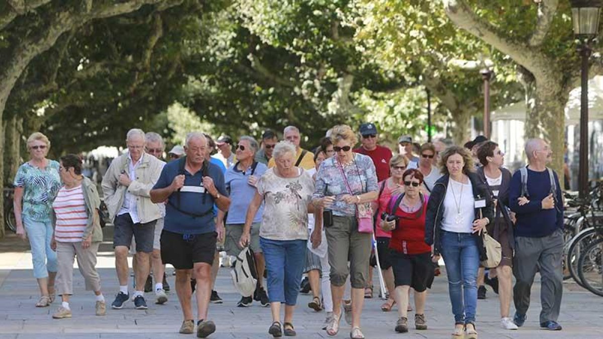 Un numeroso grupo de turistas extranjeros camina por el Espolón junto a una guía oficial.-RAÚL OCHOA