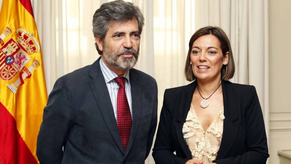 La consejera de Familia e Igualdad de Oportunidades, Milagros Marcos, firma un convenio con el presidente del Consejo General del Poder Judicial, Carlos Lesmes, en materia de violencia de género-Ical