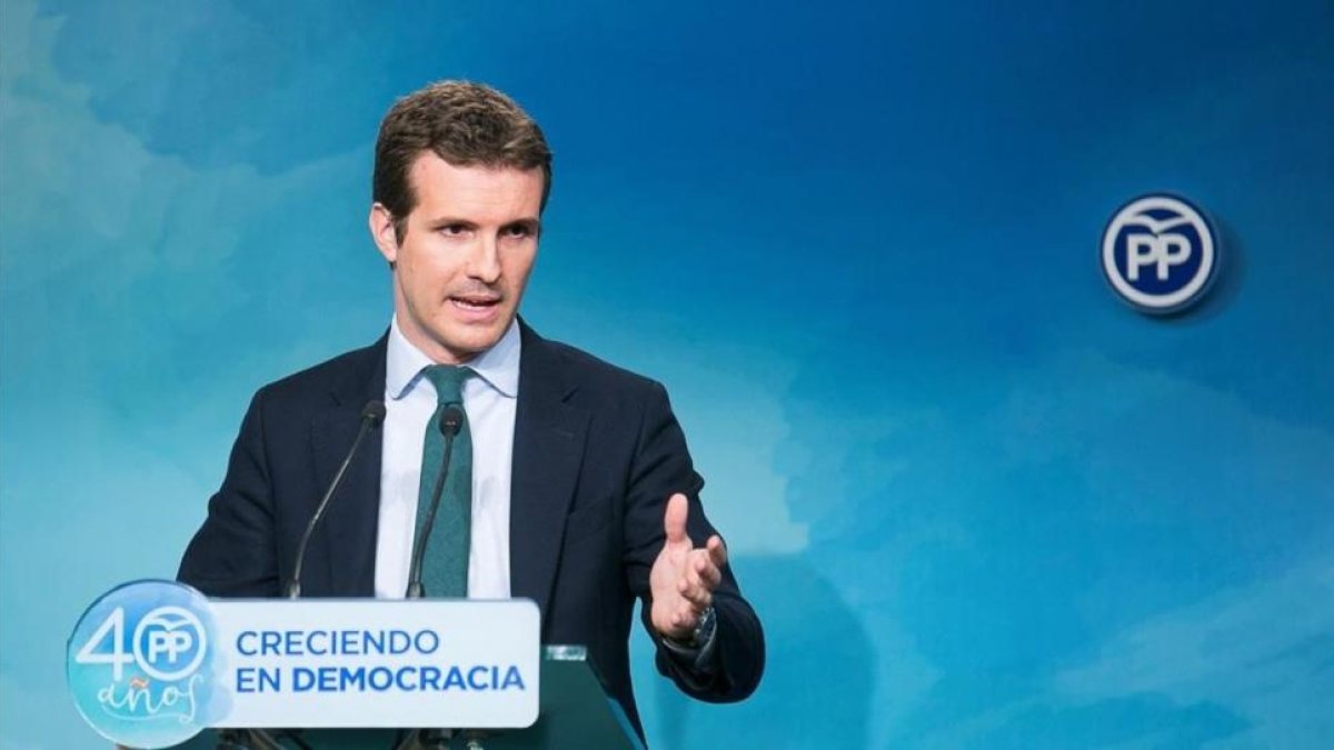 Pablo Casado, durante la rueda de prensa del 20 de noviembre, en la sede del PP en Madrid.-/ EFE / TAREK MOHAMED