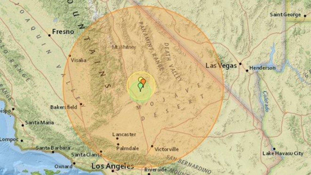Mapa con la zona afectada por el terremoto declarado este jueves en el sur de California.-EARTHQUAKETRACK.COM