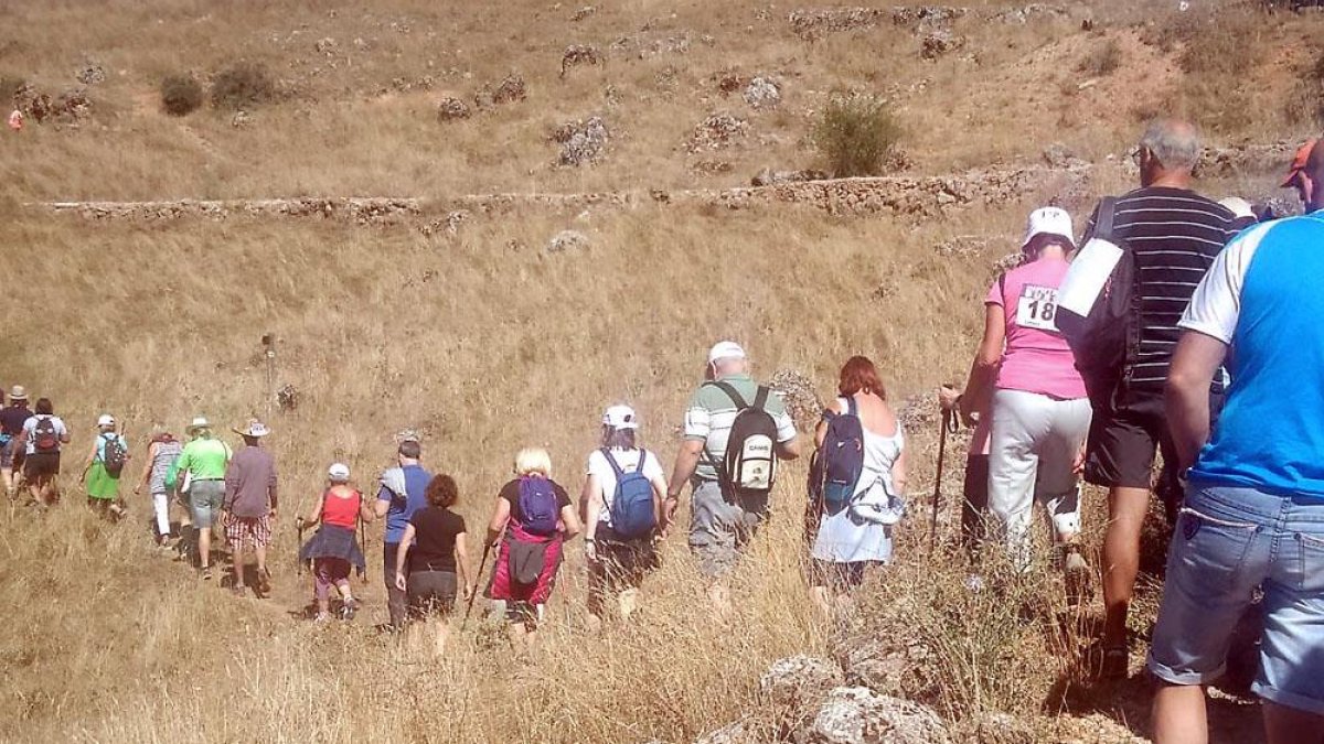 Un grupo de personas realiza la marcha solidaria por el sendero minero.-ECB