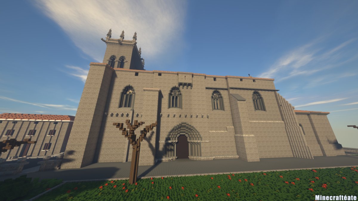 Reconstrucción con bloques de Minecraft del exterior de la iglesia de Villegas.