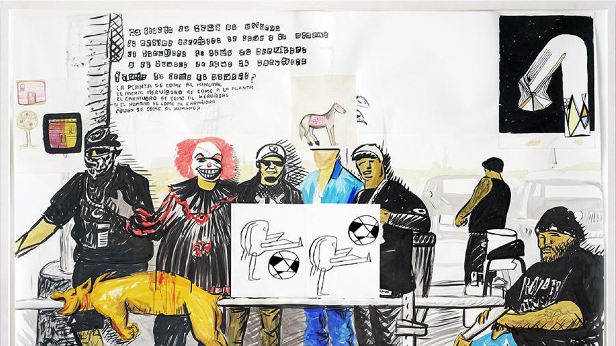 ‘La pirámide visible’ combina acuarela, acrílico, tinta y ‘collage’ sobre papel de gran formato (1,87x2,14 metros).-