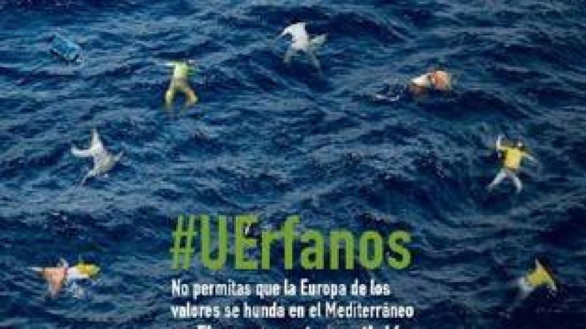 Imagen de la campaña #UErfanos en que las estrellas de la bandera de la UE son reemplazadas por inmigrantes ahogados.-
