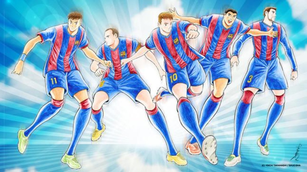Neymar, Iniesta, Messi, Suárez y Piqué, en la ilustración del dibujante japonés Yoichi Takahashi-