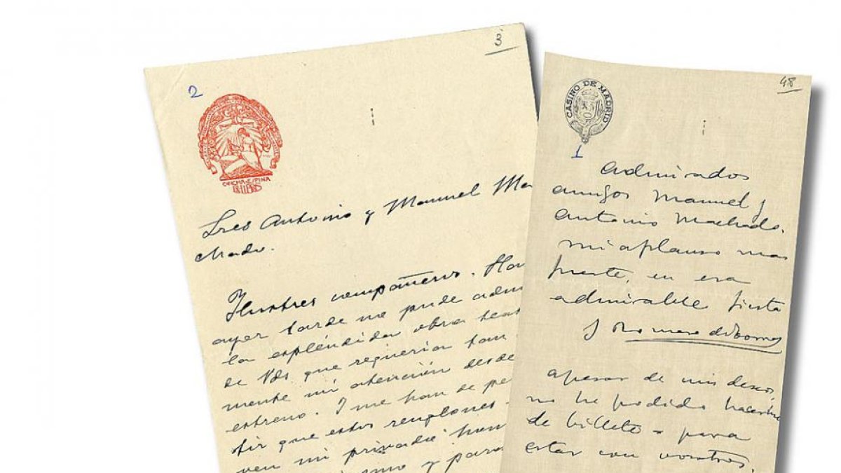 La digitalización del Fondo Machadiano permite, por ejemplo, de arriba a abajo, leer cartas de los escritores Concha Espina y Pío Baroja, el pintor Julio Romero de Torres, un poema enviado por Leopoldo Panero y una página del manuscrito de ‘Campos de Cast-