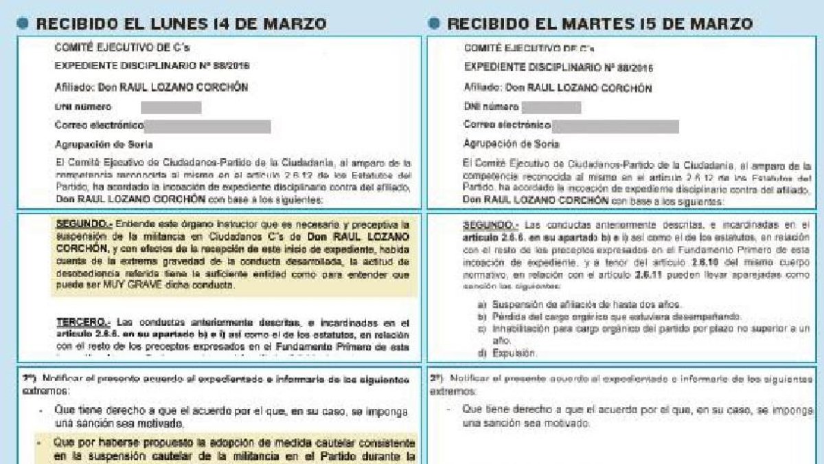 DOS EXPEDIENTES DISTINTOS EN 18 HORAS. Entre estos dos expedientes pasan 18 horas y dos cambios. En el primero, del día 14, aparece la suspensión de militancia hasta en dos apartados –en la imagen remarcados en amarillo–, que ya en el de ayer desaparecen.-E.M.