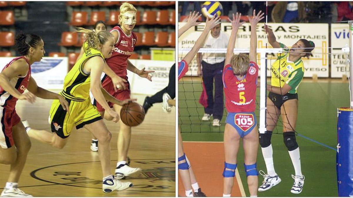 Aly se lanza en transición en el partido ante el Aix-En-Provence del año 2000 / CosiriRodríguez intenta superar el bloqueo de la Foppapedretti en la Champions de 2002.-ISRAEL L. MURILLO
