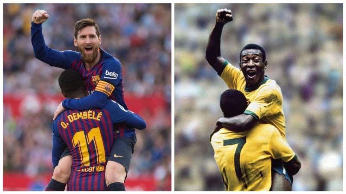 Messi celebra su segundo gol en el Pizjuán con Dembélé como Pelé lo hizo con Jairzinho en el Mundial-70.-AFP / ARCHIVO