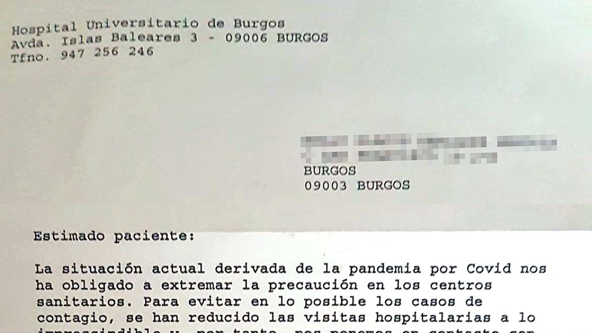 Carta enviada a una paciente crónica en la que se le explica que se le atenderá telefónicamente. ECB