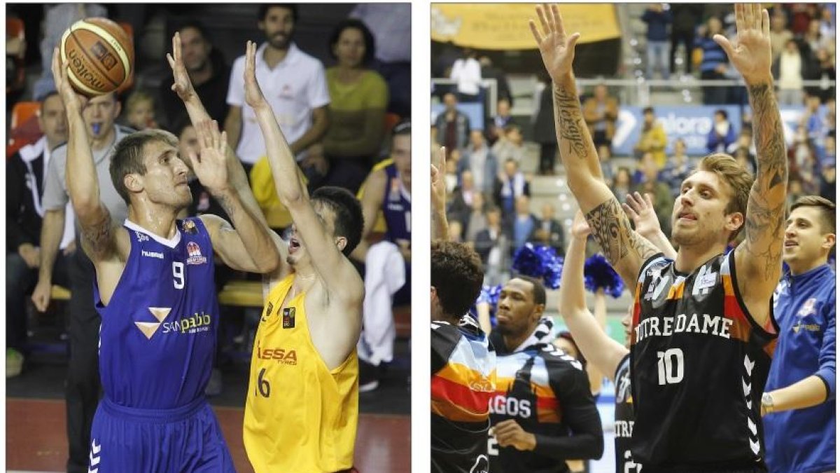Javi Vega, en acción durante el primer partido oficial del San Pablo en 2015 y celebrando la última victoria del club en ACB.-SANTI OTERO