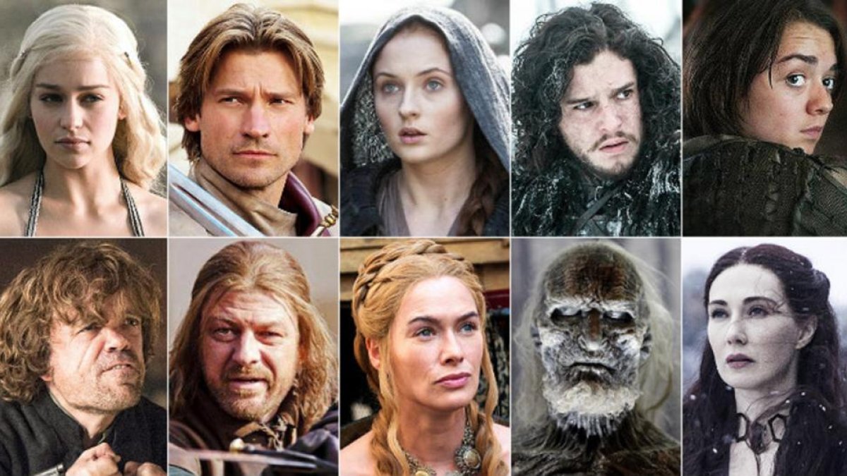 De arriba a abajo, y de izquierda a derecha, Daenerys Targaryen, Jaime Lannister, Sansa Stark, Jon Nieve, Arya Stark, Tyrion Lannister, Edduard Stark, Cersei Lannister, un caminante blanco y la 'bruja roja', Melissandre.-