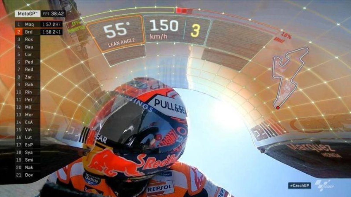 La cúpula de la Honda de Marc Márquez, en la retransmisión de Dorna TV del GP de Brno.-DORNA TV