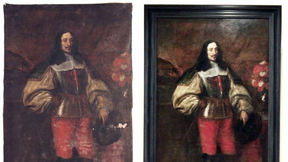 A la izquierda, retrato del Marqués de Torre-Soto antes de su restauración. Tras su restauración, a la derecha, ocupa la pared del Salón de Plenos de la Casa Consistorial.-G.G.