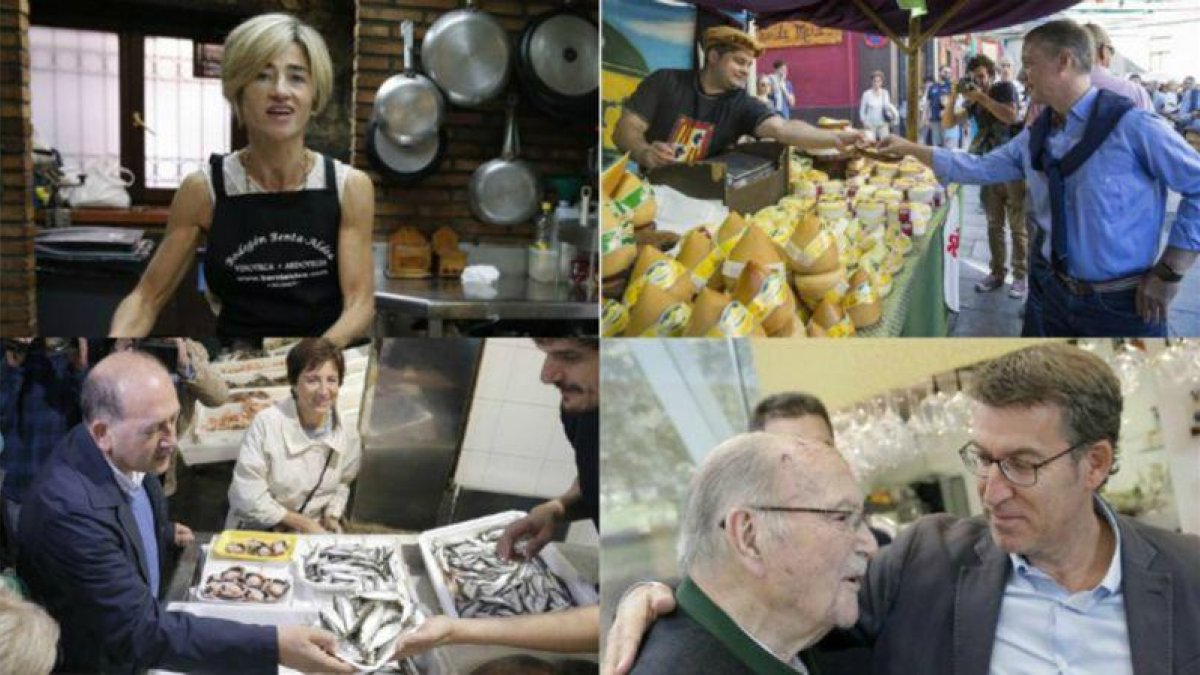 Candidatos durante la jornada de reflexión en Euskadi y Galicia: arriba, Pili Zabala (Podemos) e Iñigo Urkullu (PNV); abajo, Xoaquín Fernández Leiceaga (PSG) y Alberto Núñez Feijóo (PP).-EL PERIÓDICO