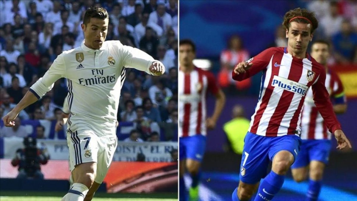 Cristiano (7 tantos) y Griezmann (5), los máximos goleadores de sus equipos en esta Champions, se ven las caras en el Bernabéu.-FP / GERARD JULIEN / PIERRE P. MARCOU