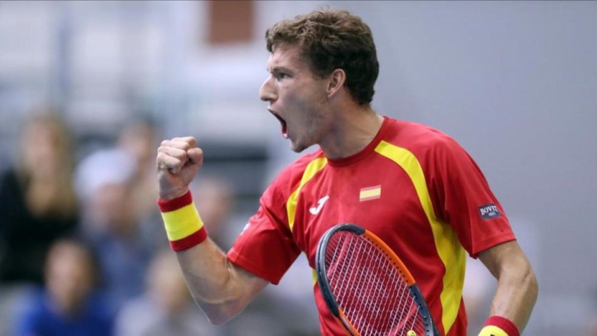 Pablo Carreño celebra un punto ganado en su partido de Copa Davis contra el croata Nikola Mektic.-AFP / STRINGER