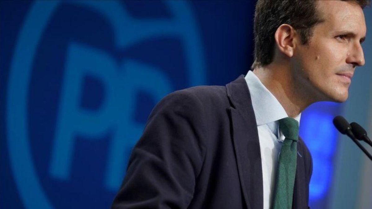 El presidente del PP, Pablo Casado, en una reciente rueda de prensa en la sede central de su partido-JOSE LUIS ROCA