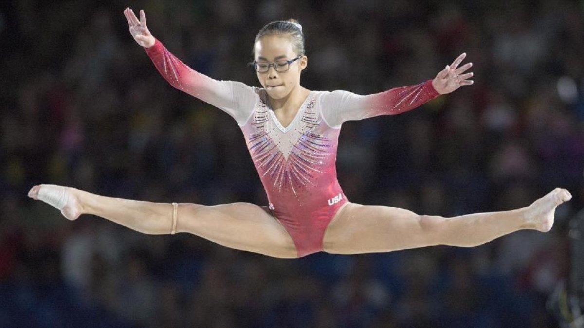 Morgan Hurd, en la final de barra de equilibrios, en la que fue plata.-AP