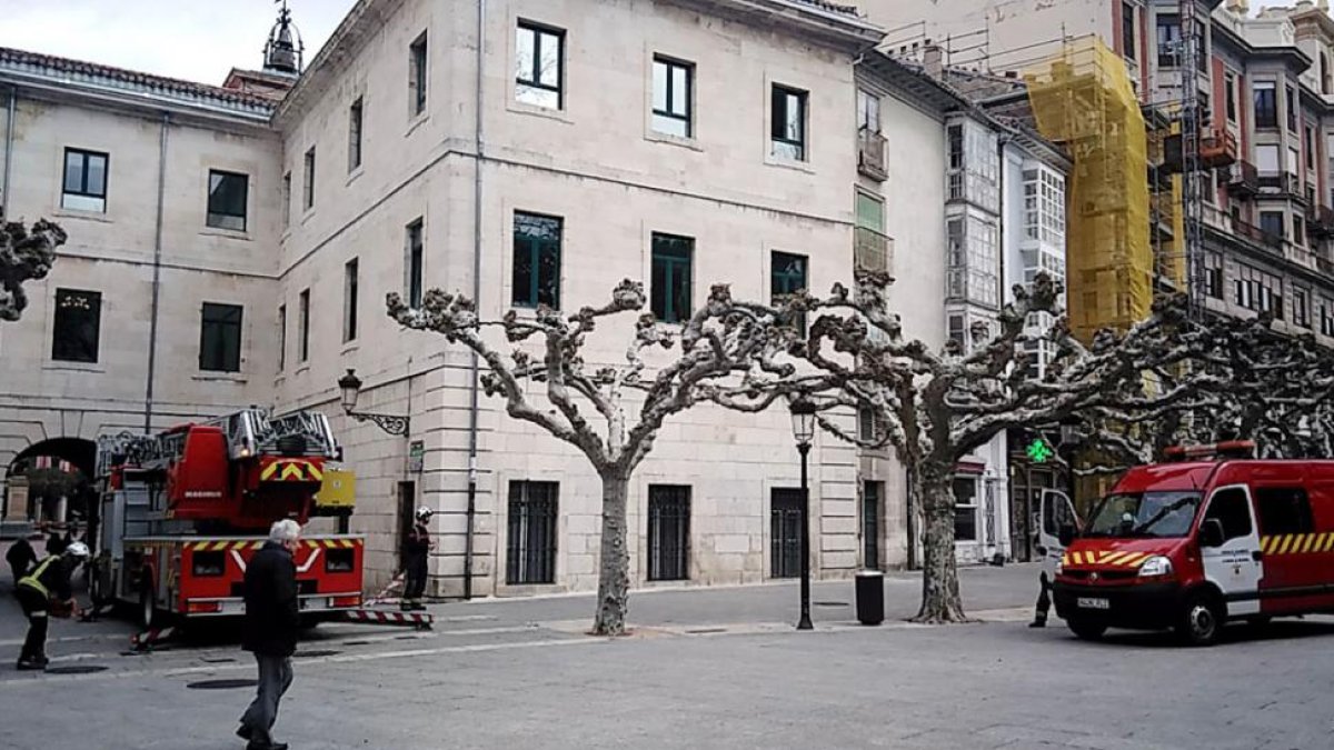 Una escala y un vehículo de servicio de los Bomberos en el paseo del Espolón, ayer por la mañana, examinando las fachadas en las traseras del Ayuntamiento.-ECB