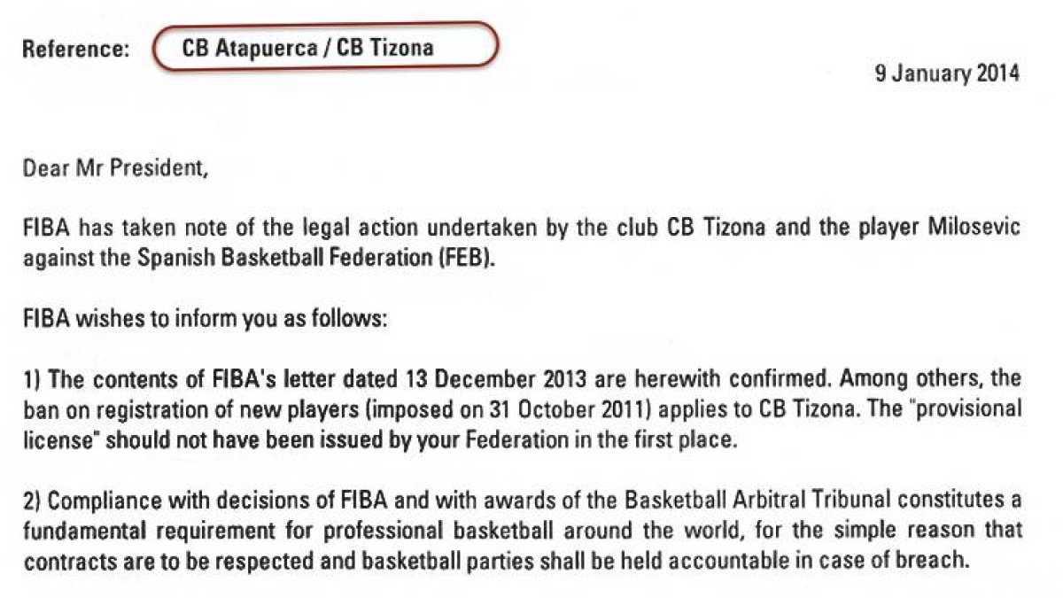 Extracto del escrito realizado por FIBA a la FEB en el que insiste en que el CB Tizona está sancionado.-ECB