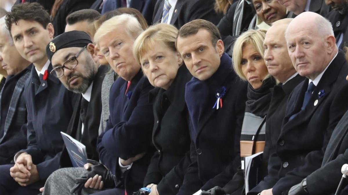 La primera fila de mandatarios, durante la ceremonia del 100º aniversario del armisticio de la Gran Guerra.-AP / LUDOVIC MARIN